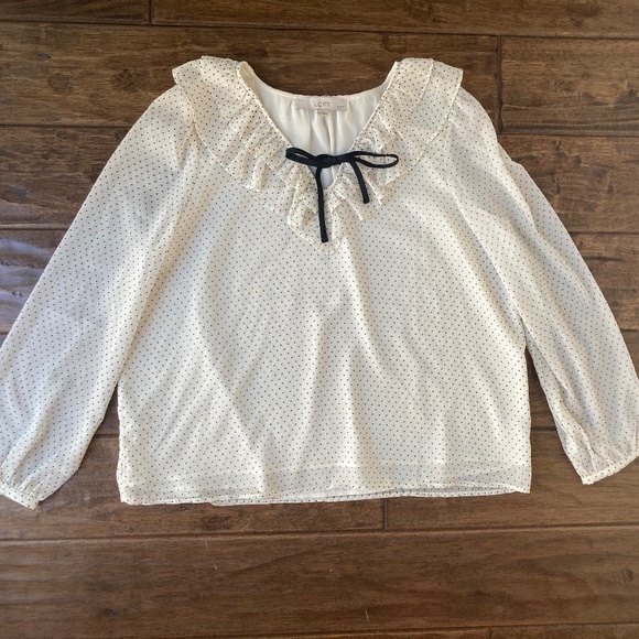 Loft Ivory Black & White Polka Dot Blouse Womens Large Petite Ruffle Collar - Picture 1 of 8
